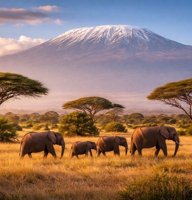 Tanzania Elephants beneath Kilimanjaro's golden glow - hotels